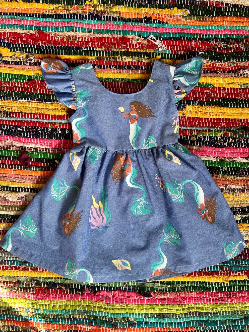 Disney Little Mermaid Graphic Chambray Open Back Dress 12 MOS